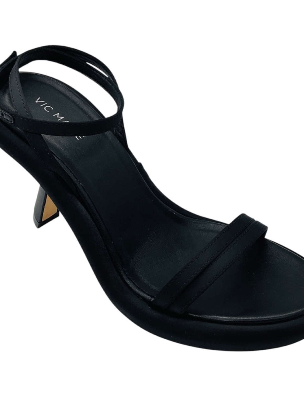 VIC MATIE BLACK SATIN AND LEATHER SCULPTED HEEL ANKLE WRAP SANDALS